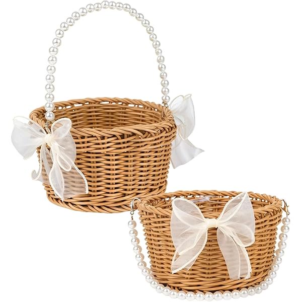 wonima44 Flower Girl Basket Set of 2 - Small Wicker Rattan Baskets with Pearl Handle & Bow for Rustic Weddings, Easter Basket, or Garden Storage
