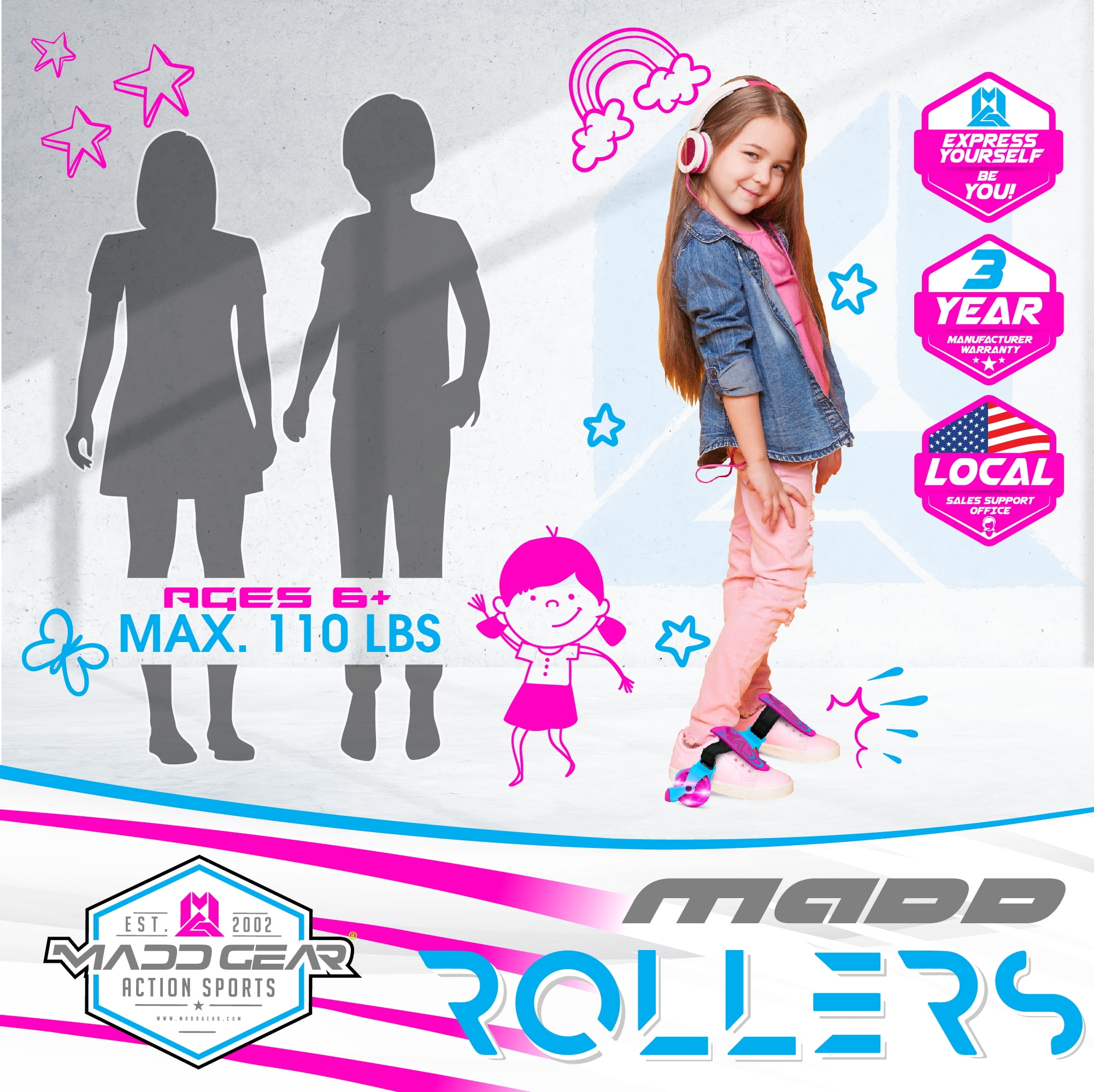 Madd Gear Light-Up Rollers Heel Skates LED Wheels Adjustable to Fit Most Shoe Sizes Kids Ages 6+