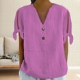 thumbnail image 2 of Shirts for Women V Tie Button Side Sleeve fork Short Sleeve T Shirt Spring Summer Loose Fit Soft Bamboo Hemp Breathable Casual Daily Wear Top Xl Size Spring Summer Womens Tops, 2 of 5