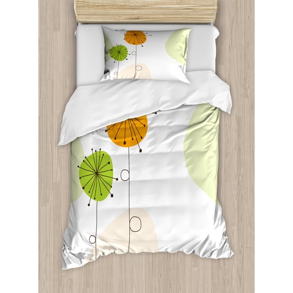 Dandelion Duvet Cover Set Twin Size, Abstract Flower Celebration Theme Baby Shower Inspired Arrangement, Decorative 2 Piece Bedding Set with 1 Pillow Sham, Orange Dark Brown Green, by Ambesonne