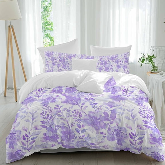 3 Piece Purple Flowers Duvet Cover Set Queen Size, Microfiber Comforter/Quilt Cover with Corner Ties and 2 Pillowcases, Watercolor Summer Botanical Floral All Season Soft Bedding with Zipper Closure
