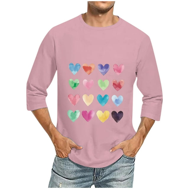 Camisas de Manga Larga para los Hombres Día de San Valentín Impresión Cuello Redondo Moda Casual, Mezcla de Poliéster de Lino de Algodón para Primavera Verano
