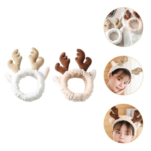 Luxshiny 2Pcs Brown Antlers Headbands Elastic Coral Fleece Hair Bands for Face Washing Makeup and Shower
