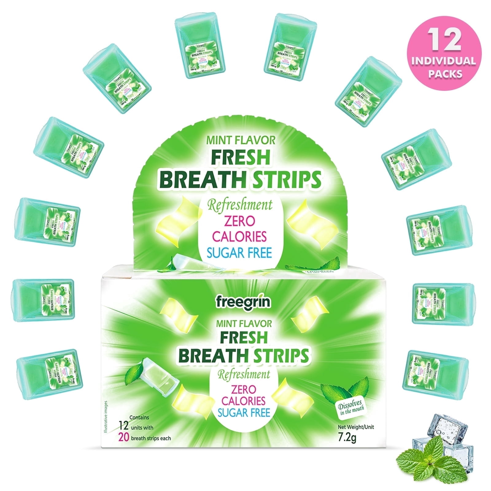 Freegrin Cool Mint Breath Strips, Quick Dissolving Sugar Free, Portable Pocket-Sized Oral Care Strips for On-the-Go Use, 12 Packs (20 Strips Each)