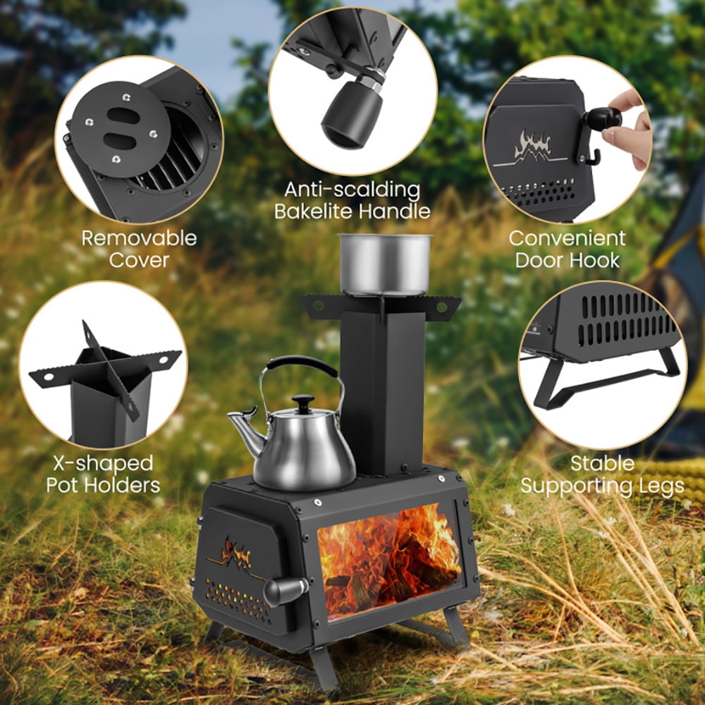 GVN Portable Wood Camping Burning Stove Heater with 2 Cooking Positions, Outdoor Fire Pit for Outdoor, Outside Patio Deck and Garden