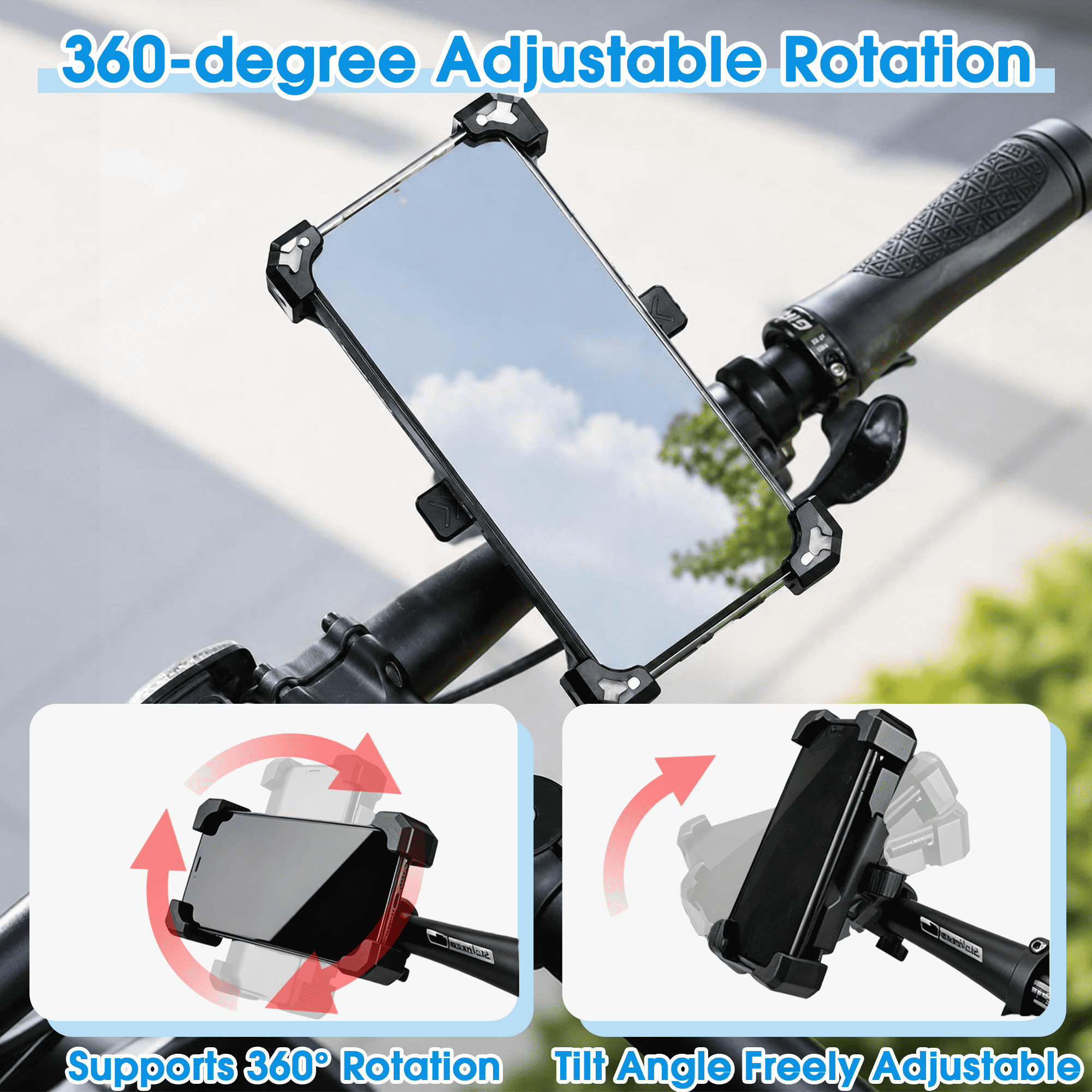 Bike Phone Mount, Adjustable Motorcycle Phone Holder, 360° Rotatable Handlebar Phone Mount, Universal Cell Phone Cradle for Bicycle Scooter Stroller, Fits 3.5-6.8 Inch Smartphones