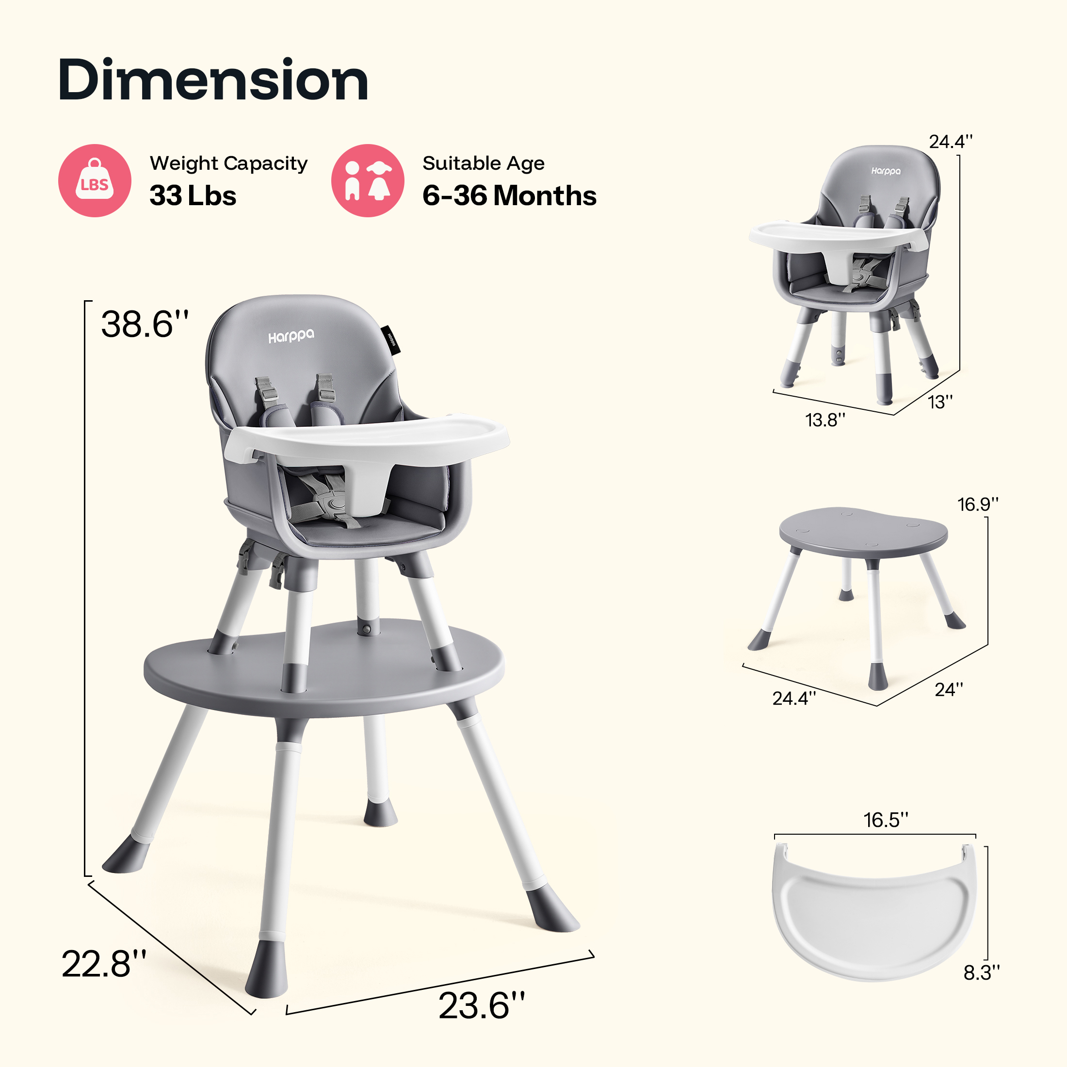 Harppa 8-in-1 Convertible Baby High Chair, Gray photo 3