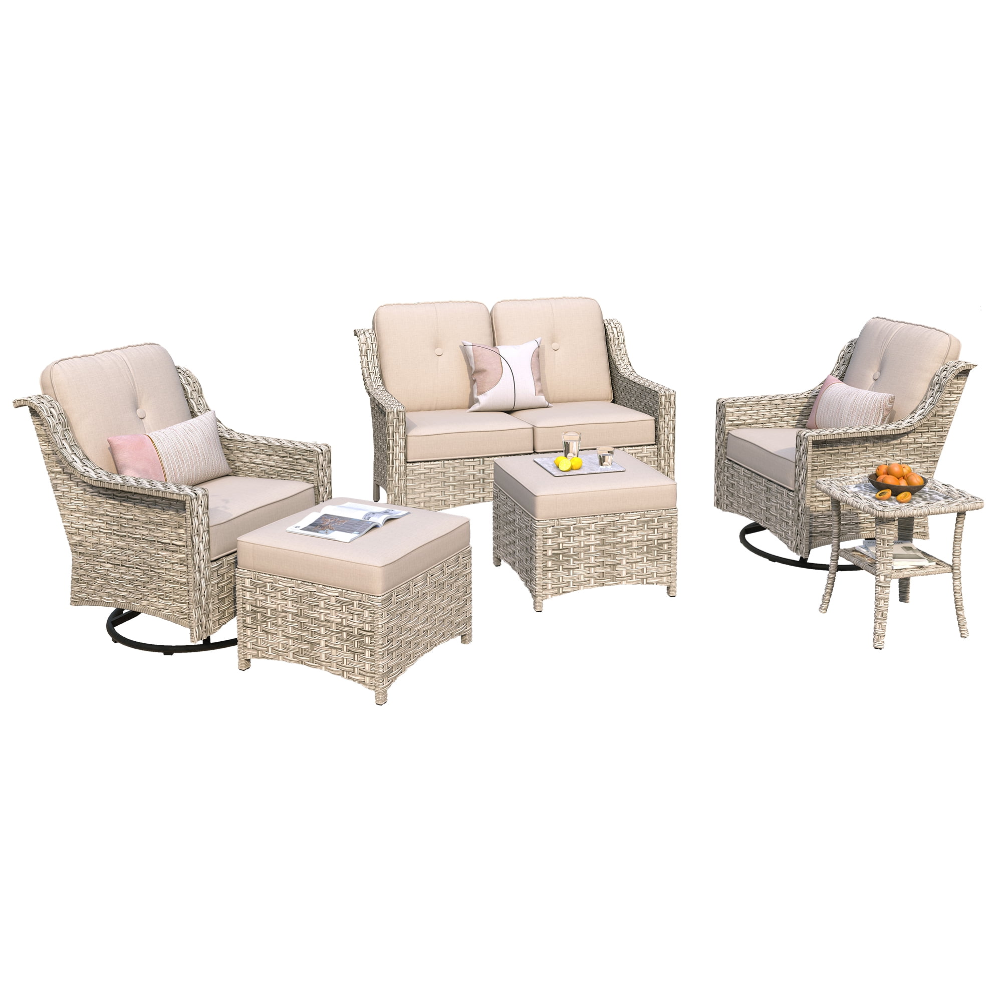 Ovios 6 Pieces Patio Furniture Set All-Weather Outdoor Sectional Patio Sofa Wicker Rattan Conversation Set with Swivel Rocking Chairs for Backyard