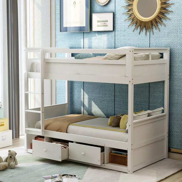 Euroco Twin Over Twin Bunk Bed Wood Bunk With Storage Drawers Compartments Ladder Guardrails Walmart Com Walmart Com