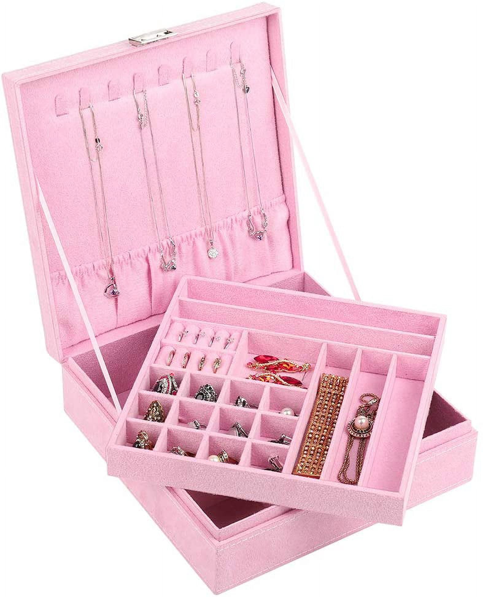 Jewelry Box Organizer, 2 Layers Lint Jewelry Display Storage Case with Lock - Pink