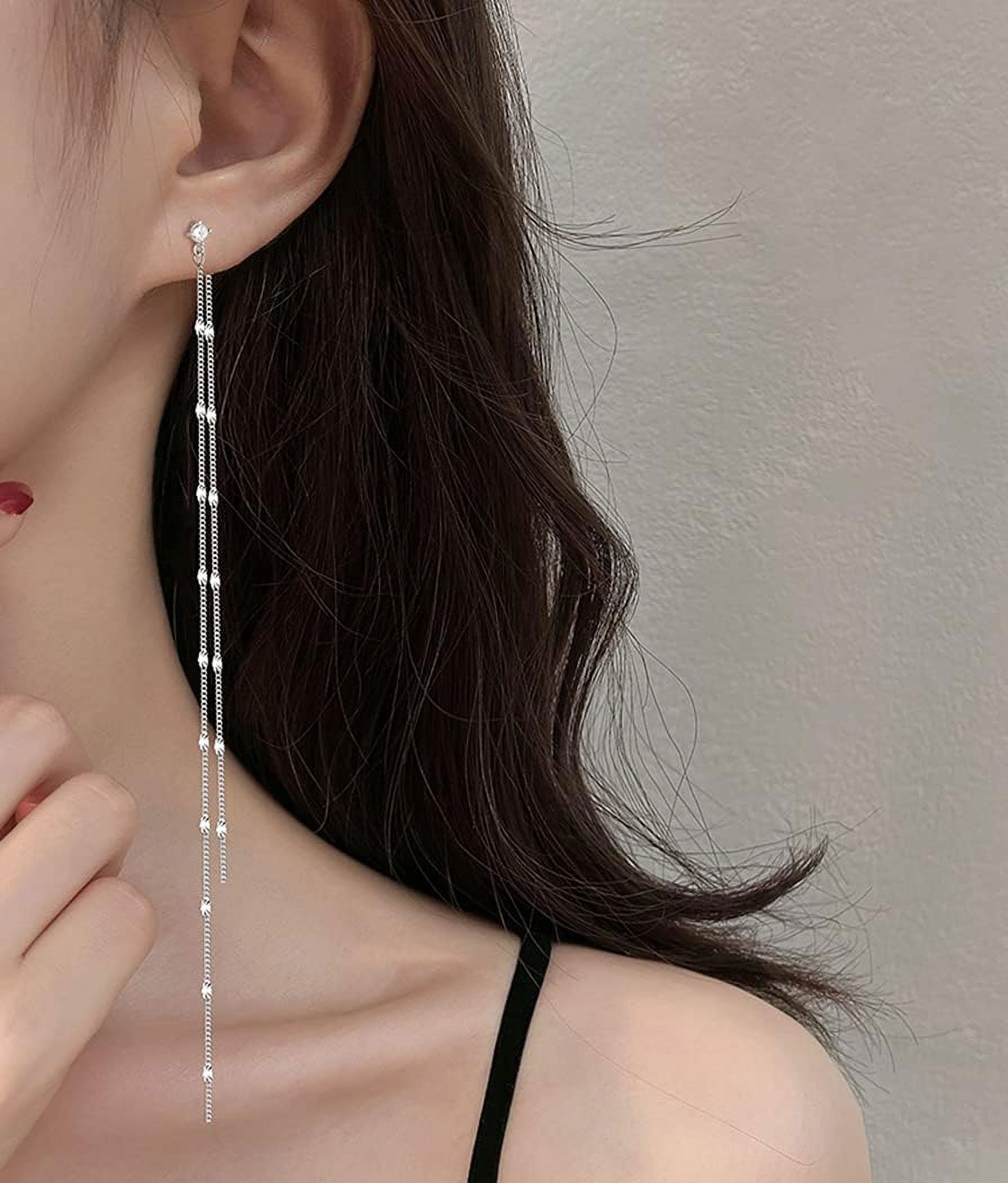 925 Sterling Silver Cz Studs 6.3Inch Long Chain Earrings Dangle For Women Line Dangling Earrings Chain Backs Threader Tassel[Z1]
