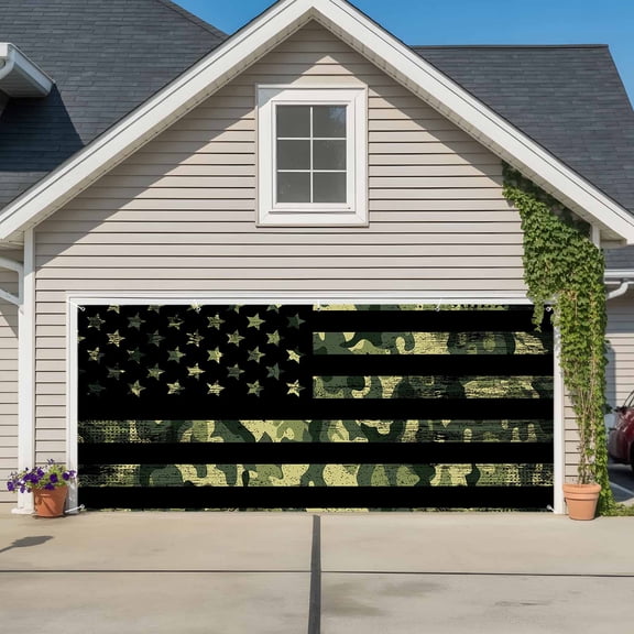 Green Camouflage American Flag Garage Door Cover Banner 7 x 16 FT, Wooden Grain Garage Door Curtains Backdrop with Grommets for Indoor Outdoor Wall Party Porch Yard Decorations Background