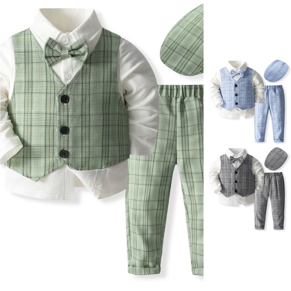LIIPEE Formal Outfit Sets For Boys Solid Color Dress Shirts Plaid Vests Pants Hat And Bow Tie 5 Piece Set Kids Comfortable Cute Party Gentleman Outfits,2-3 Years
