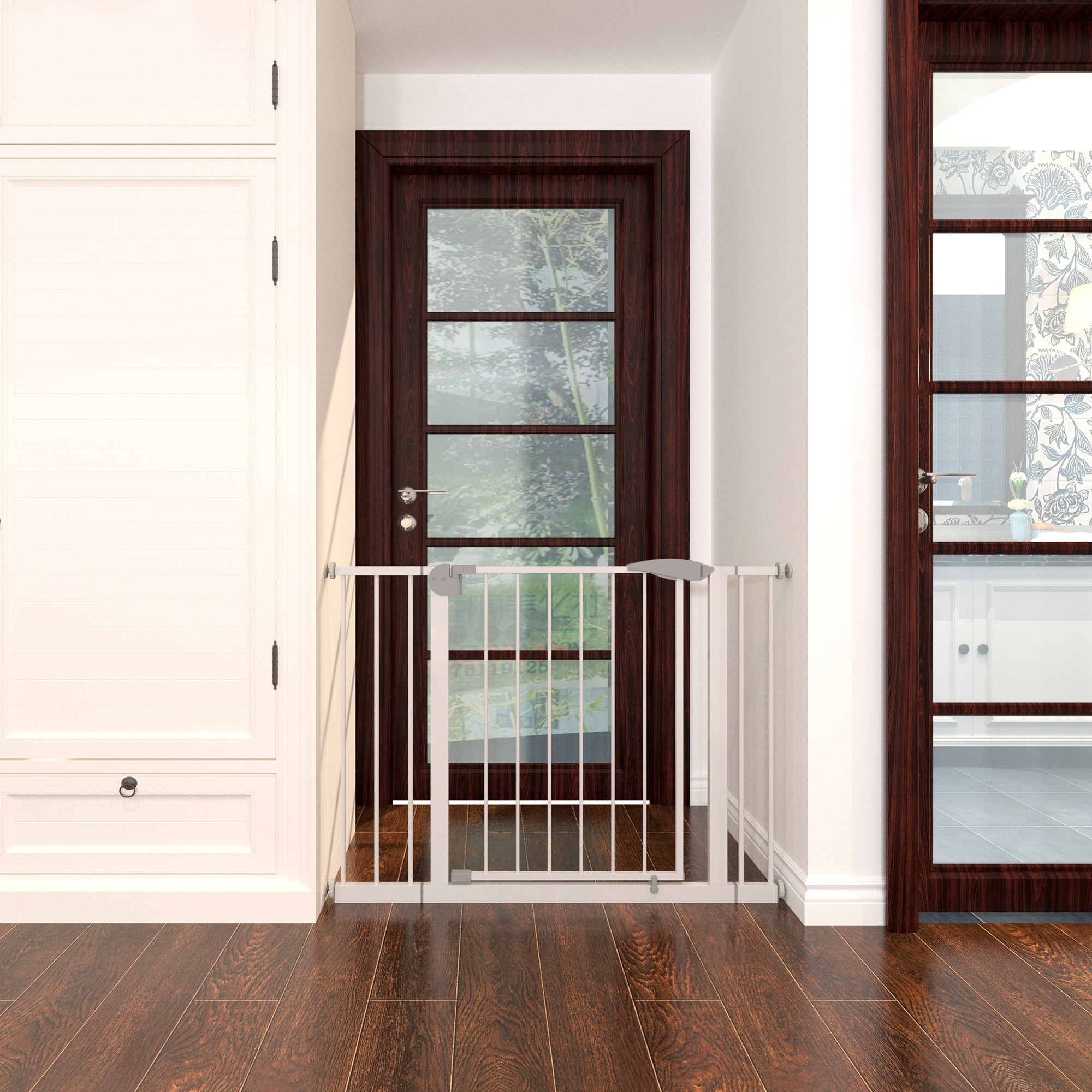 29.5-45.3" Wide Baby Gate for Stairs,Toddler Safety Essentials for The House, Dog Gate Indoor for Doorways, No Drilling Pressure Mounted Pet Gates for Kids, Easy Walk Through Safety Gate, White
