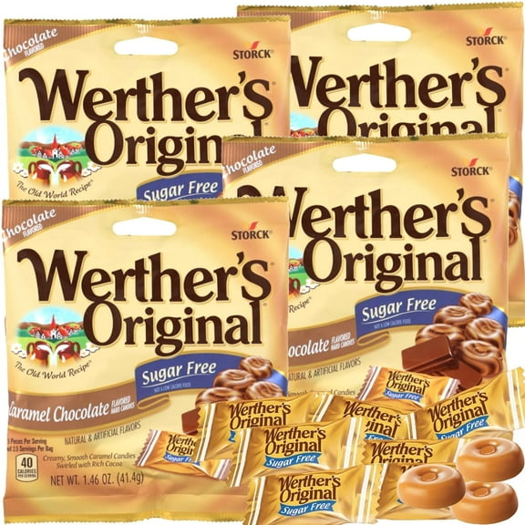 Werther's Original Sugar Free Caramel Chocolate Hard Candies 4 Bags (1.46 oz Each) Individually Wrapped Rich & Creamy Flavor 5.84 oz Total