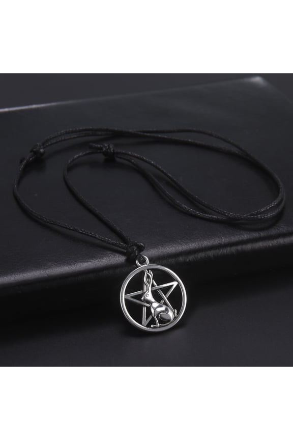 Ancient Silver Pentagram Rabbit Pendant Necklace Adjustable Leather Rope Alloy Jewelry