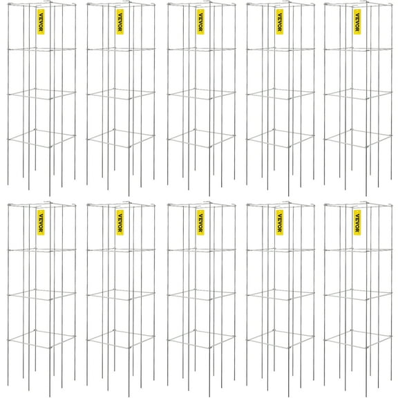 VEVOR Tomato Cages, 11.8" x 11.8" x 46.1", 10 Packs Square Plant Support Cages, Silver PVC-Coated Steel Tomato Towers for Climbing Vegetables, Plants, Flowers, Fruits