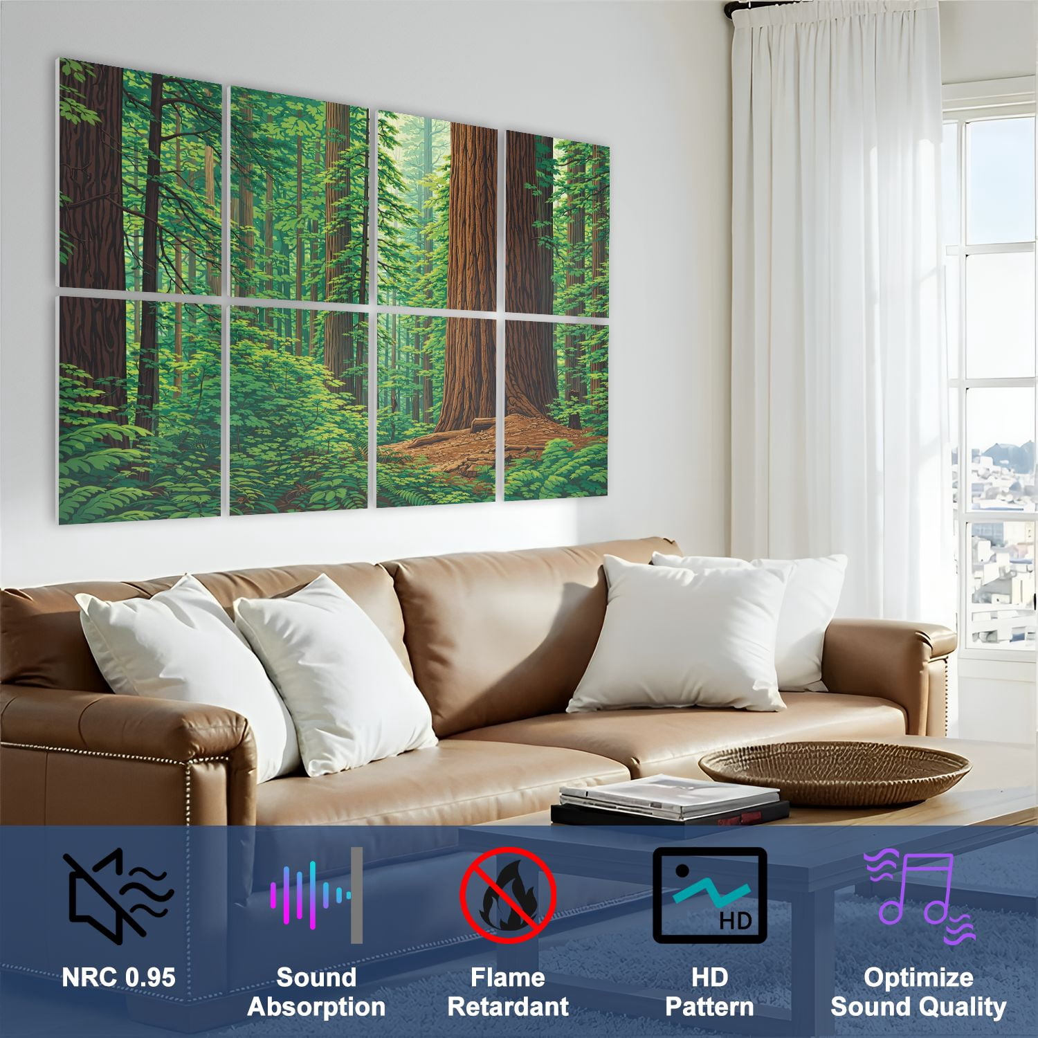 8 Pack Art Acoustic Panels Sound Absorbing Redwood forest Decorative Soundproof Wall Panels Self Adhesive for Nursery Game Room Bedroom 48"x32"