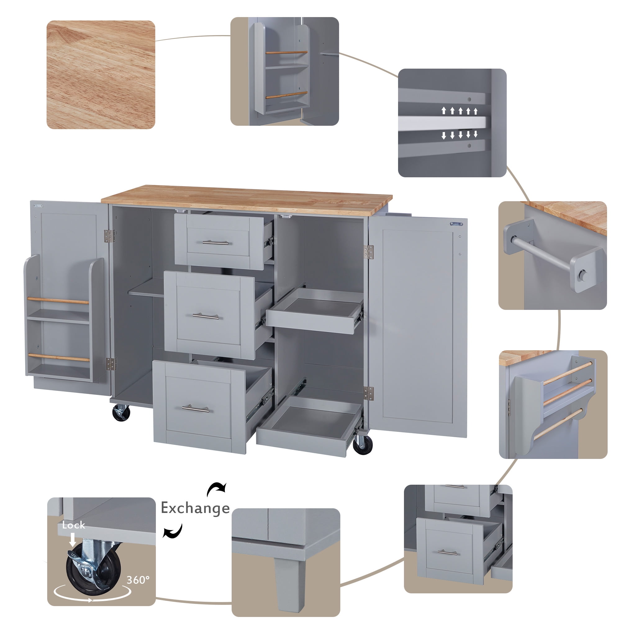 Yoneston Kitchen Island with 3 Drawers & 2 Slide-Out Shelves, Rolling Kitchen Storage Cart with Spice Rack and Towel Rack for Home, Kitchen, Dining Room, Gray
