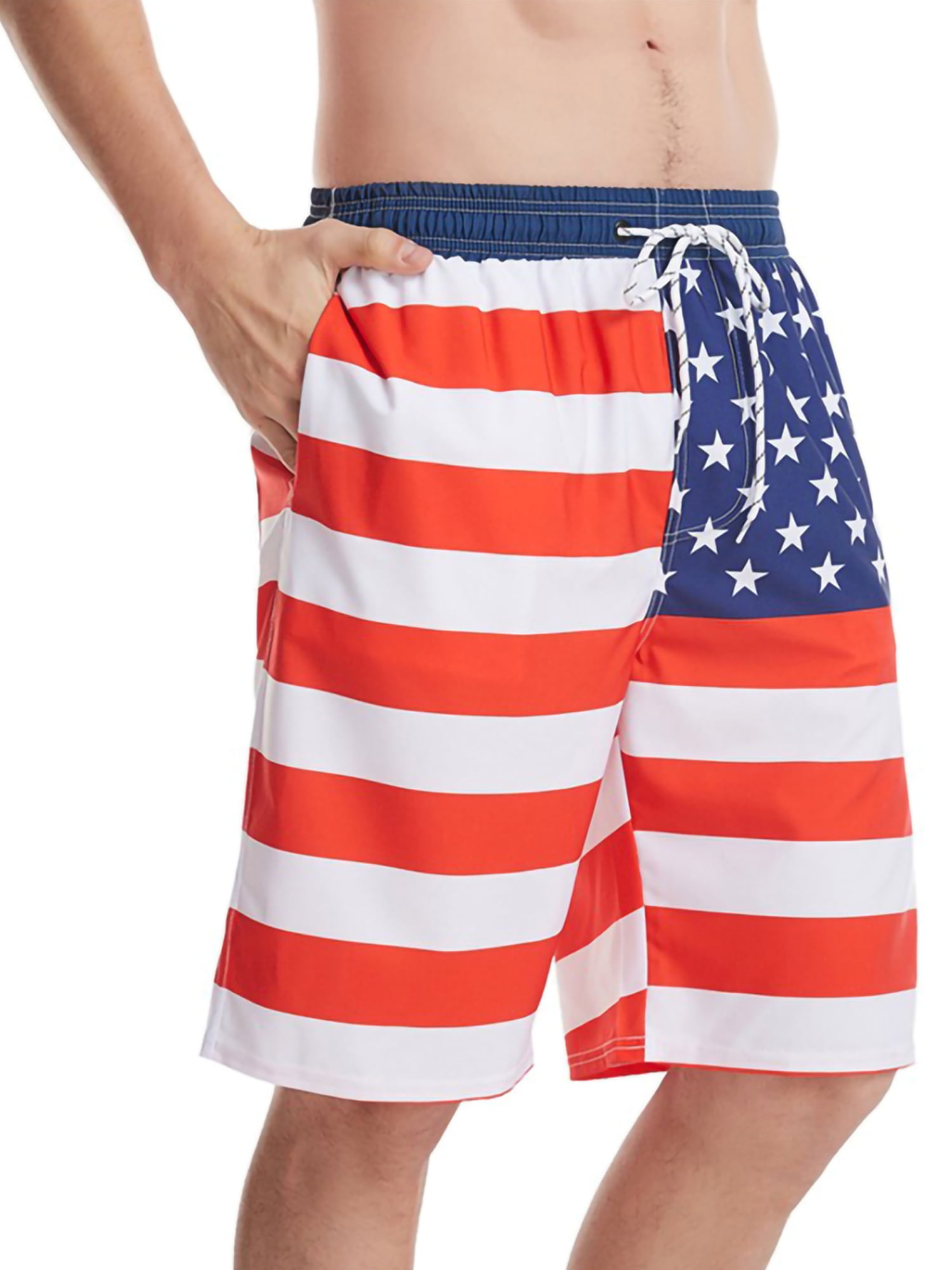 Mens Vintage American Flag Pattern Shorts Elastic Waist Pockets Lightweight Beach Shorts Boardshort