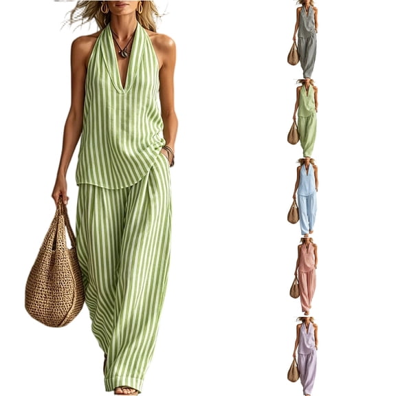 Womens Summer Gingham 2 Piece Set Halter Neck Sleeveless Top Pant Sets Casual Cotton Lounge Outfits with Pockets,Green L