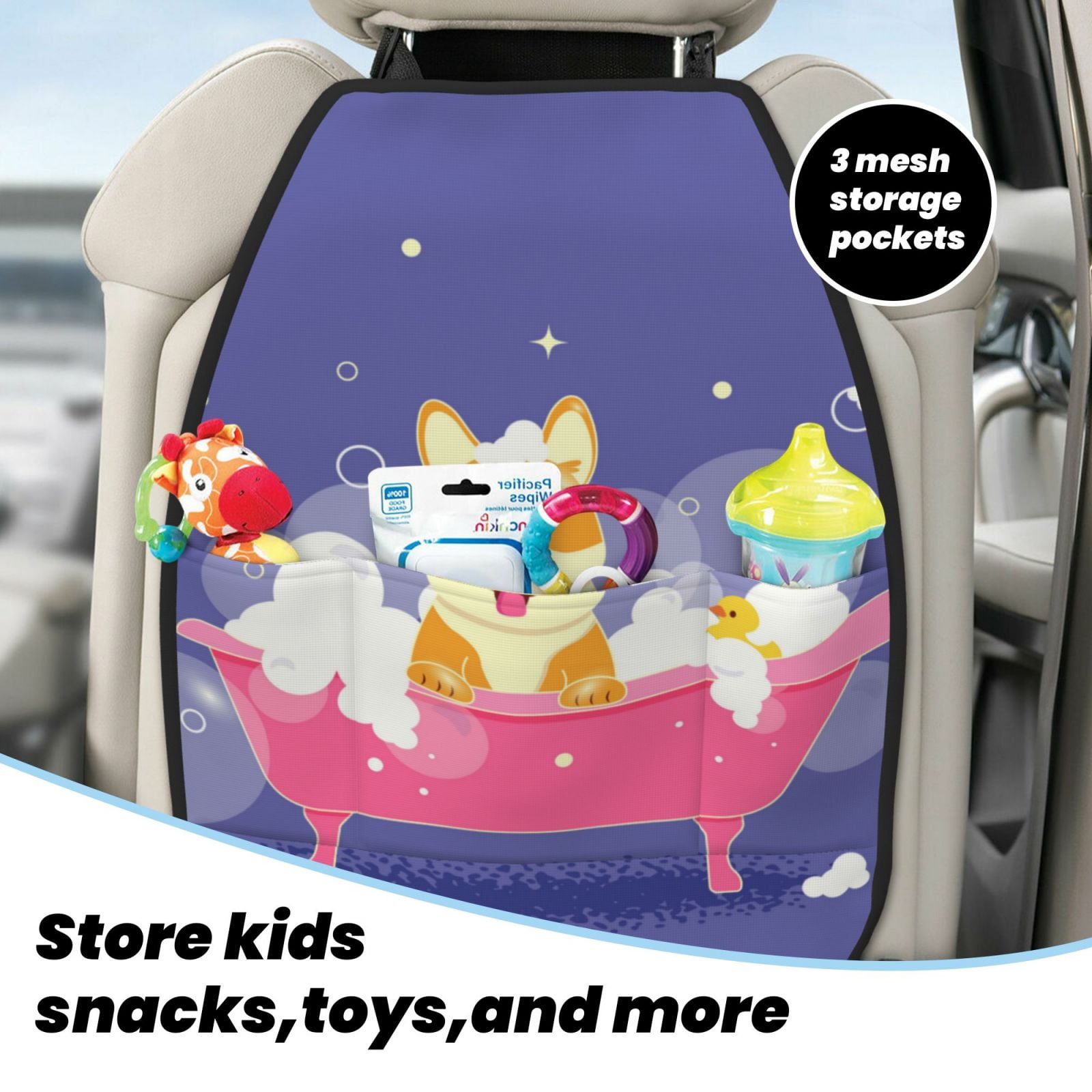 Kdxio Dog Washes in a Bath Print 2 Pack Car Kick Mat Seat Cover Back Protector Mat with Pockets for Organizer Backseat Protector and Storage Anti Kick Pad for Vehicles