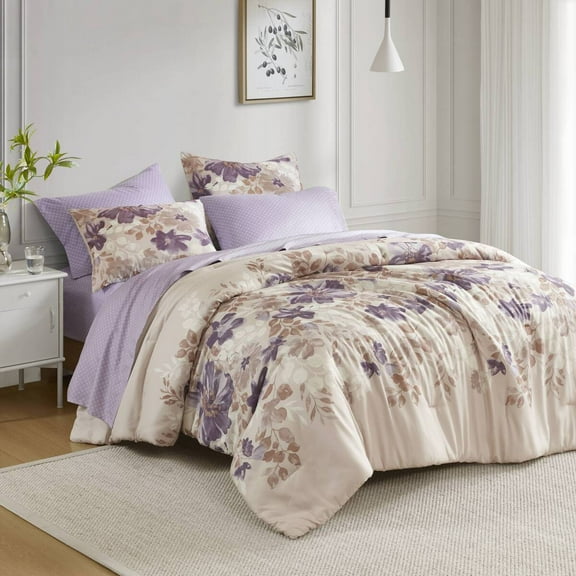 Izzovium Taupe Floral Cal King Comforter Set, 6-Piece Bed in a Bag with Microfiber Sheets