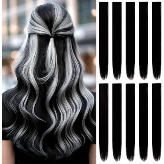 22 inch Colored Hair Extensions,Colorful Clip in Long Straight Synthetic Hair Extensions,Color Party Highlights Hairpieces for Women Girls Styling(10 PCS Black)