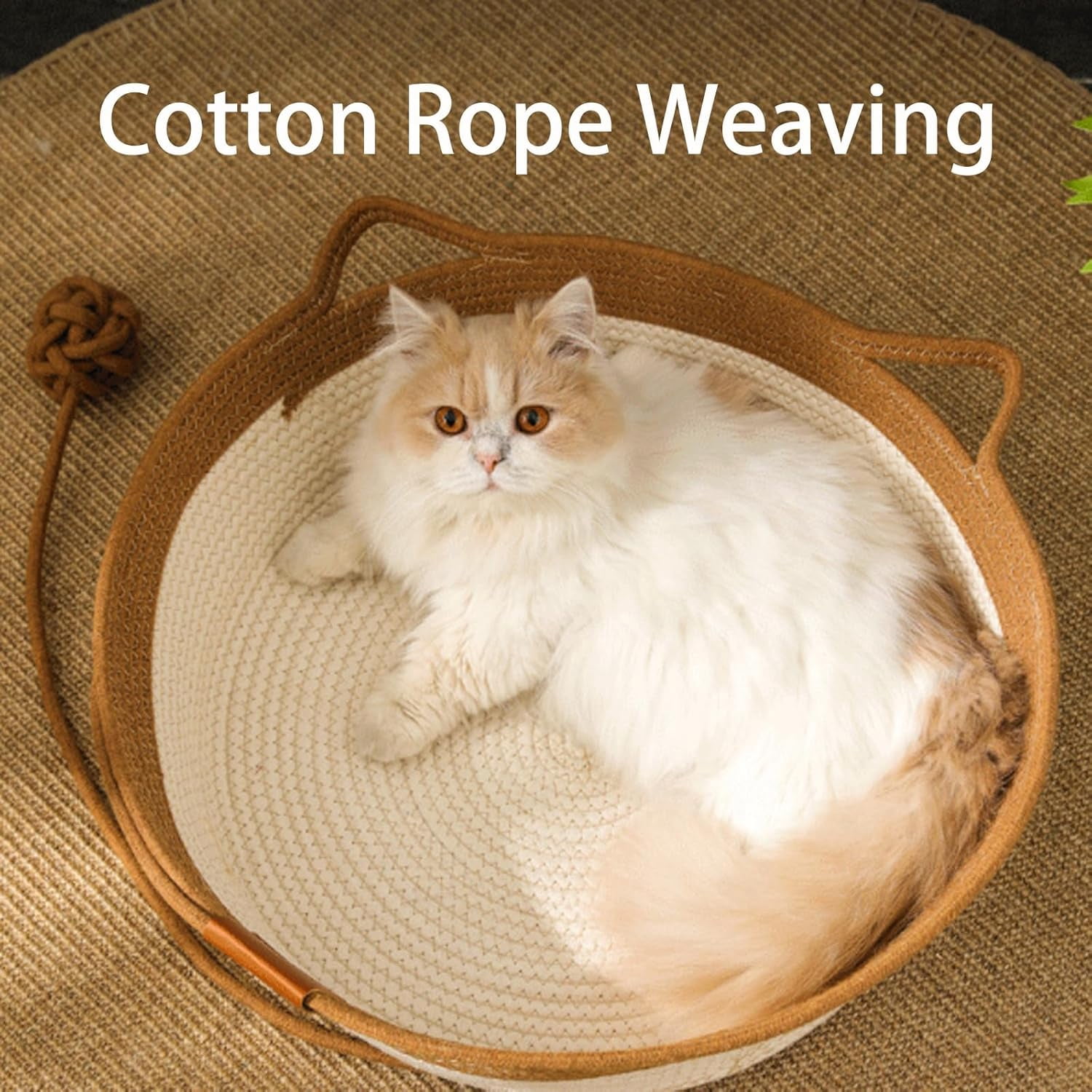 Handwoven Cat Basket Bed with Handles and Toy Ball, Cotton Rope Foldable Sleeping Basket for Indoor Cats, Scratchable Interactive Pet Nest for Cats All-Season, Breathable Weave (Small,Brown)