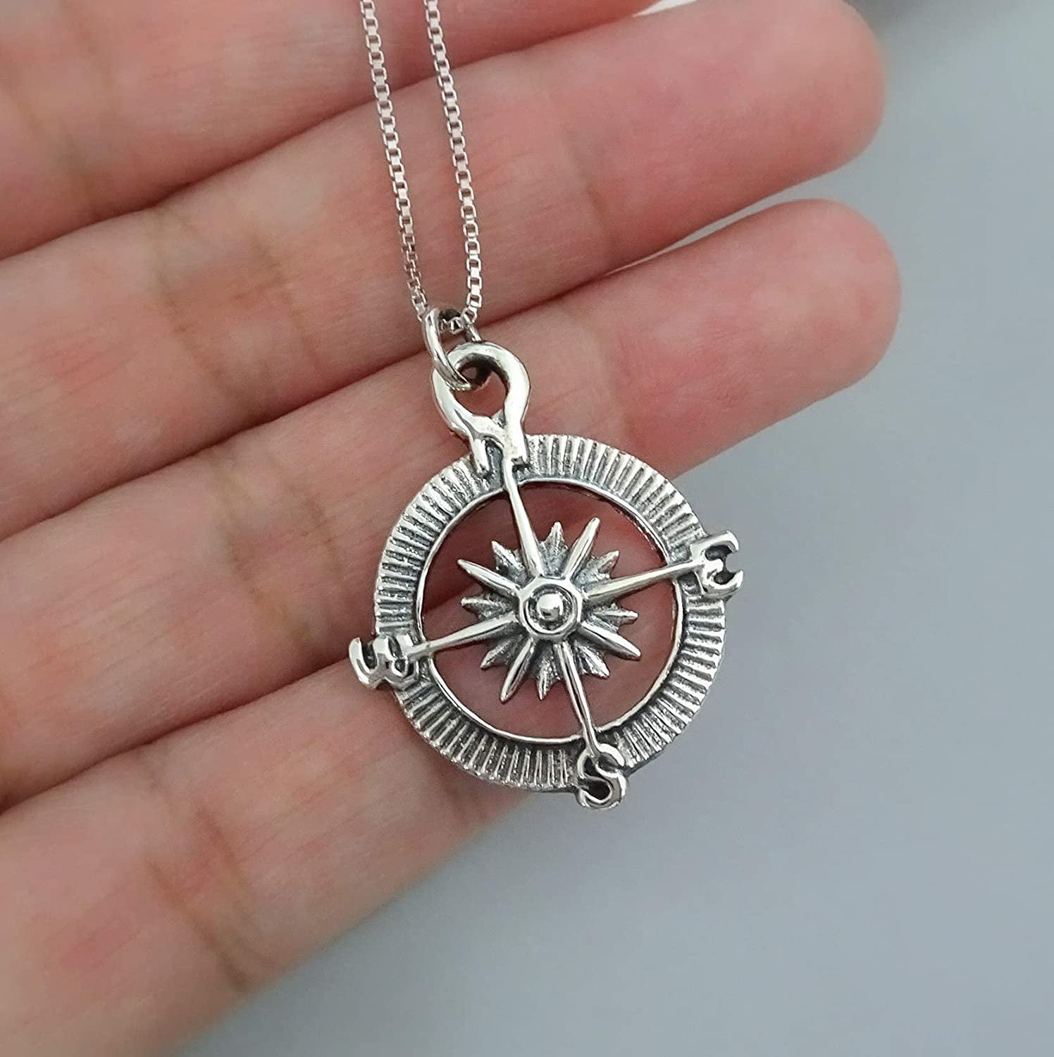 925 Sterling Silver  Graduation Gift Nautical Sea NEW Compass Pendant Necklace 