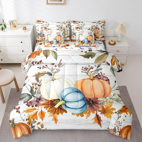 YST King Comforter Set for Kids,7 Pieces Thanksgiving Bedding Sets King Bed in a Bag with Reversible Pumpkin Bed Set,Farmhouse Comforter, Sheets, Pillowcases and Shams