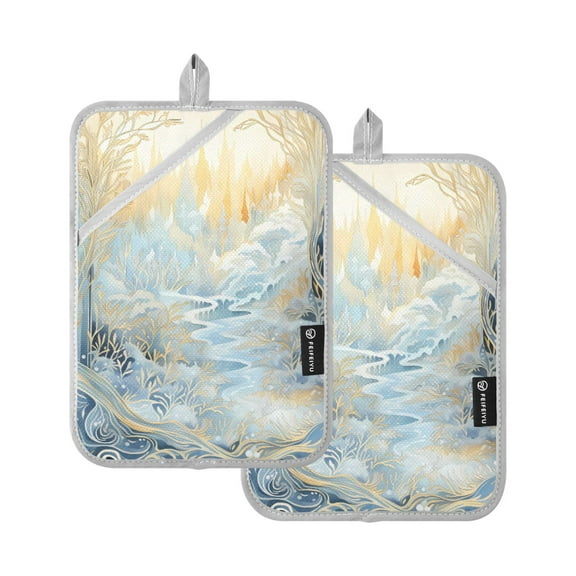 ALAZA Abstract Landscape with Golden Pot Holders Set of 2 Heat Resistant Kitchen Oven Mitts