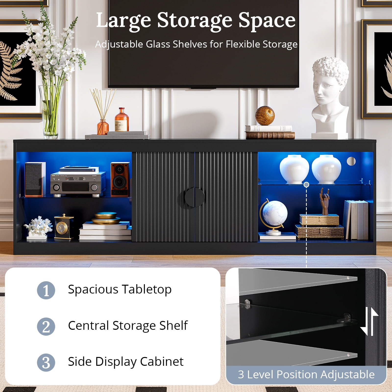 Holliwill 70" TV Stand for TVs up to 80" with LED Lights, Fluted Modern Entertainment Center TV Console with Sliding Door for Living Room, Black