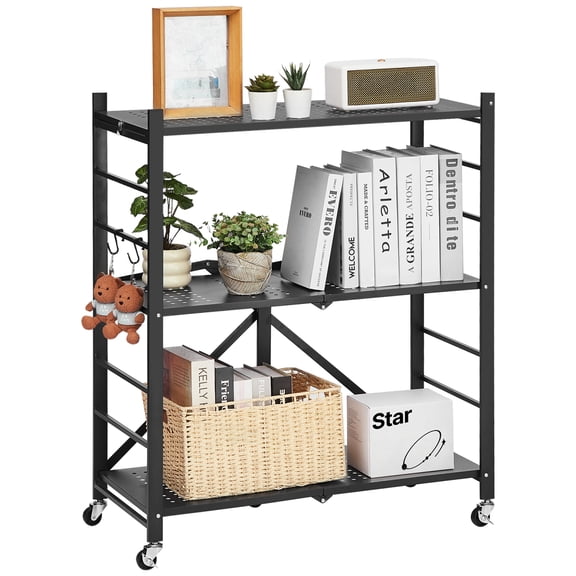 3-Tier Foldable Storage Shelf with Wheels 30 x 13 x 36 Inch Metal Shelving Unit Rolling Organizer with Lockable Casters