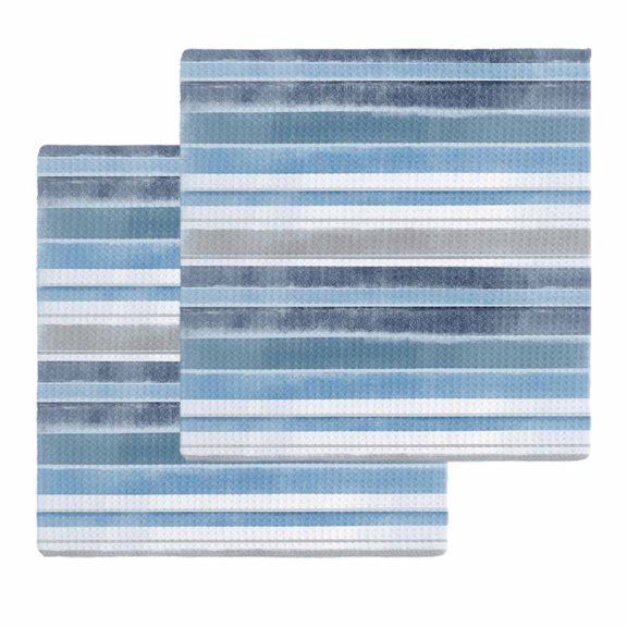 Blue Nordic Style Stripes Dish Towels Set, Waffle Weave Kitchen Towels 2 Pieces, Blue Gray Texture Microfiber Hair Face Bath Tea Towel Absorbent Quick Drying Cleaning Dish Cloths, 12"x12"