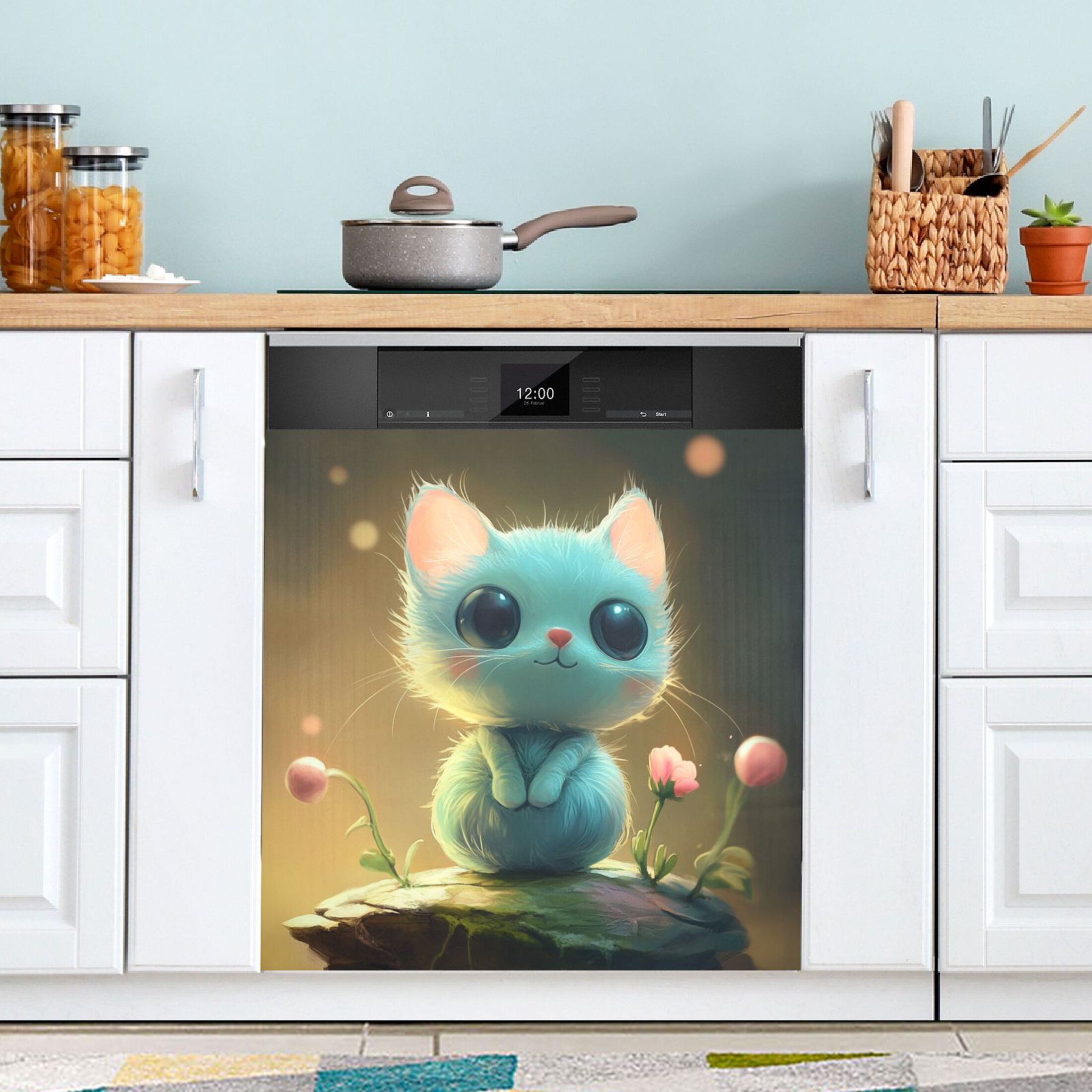 Dishwasher Magnetic Sticker 23x26 Inch Refrigerator Magnetic Sticker Washing Machine Magnetic Sticker Kitchen Panel Magnetic Sticker Home Decor Adorable Blue Cat