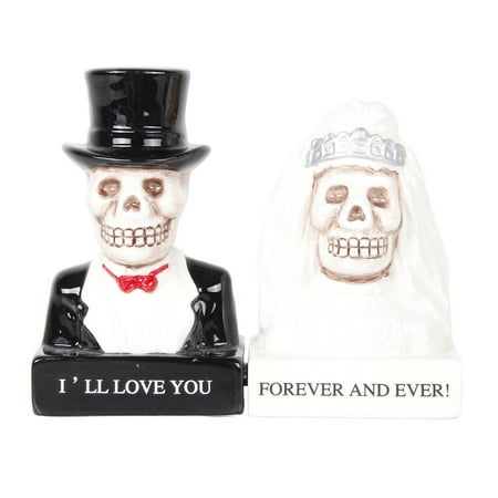 Love Never Dies Bride and Groom Day of the Dead Skeleton Couple Magnetic Salt and Pepper Shakers Gift Box Set Ceramic
