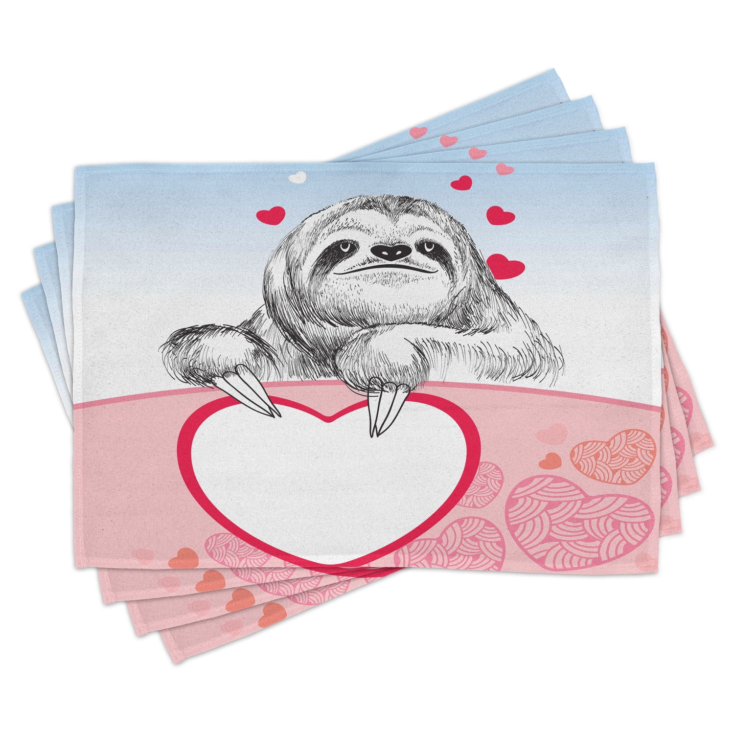 Ambesonne Sloth Place Mats Set of 4, Romantic Sloth in Love, Standard ...