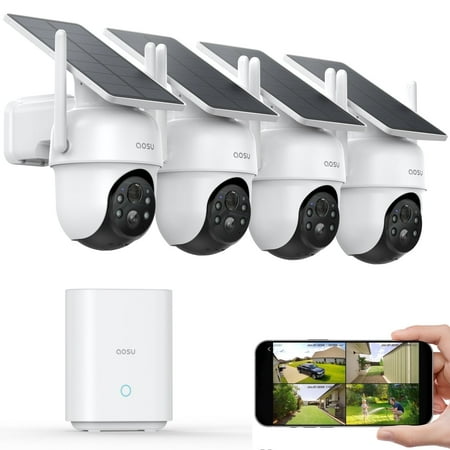 AOSU 2K/3MP Home Security Camera System, Solar Powered 4 Cam-Kit with Spotlight & AOSU Station, 360° View, No Monthly Fee, Auto Tracking, Color Night Vision, Easy Setup, 5GHz & 2.4GHz Wi-Fi