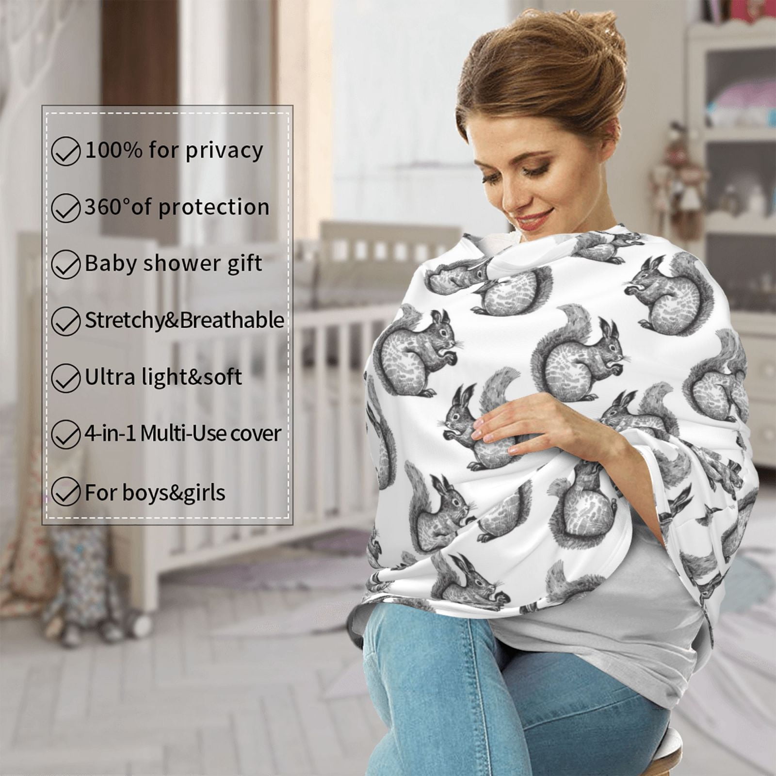 Fotbe Black Squirrel Pattern Car Seat Covers for Babies, Nursing Breastfeeding Cover Infant Carseat Canopy, Soft Stretchy Carrier Cover