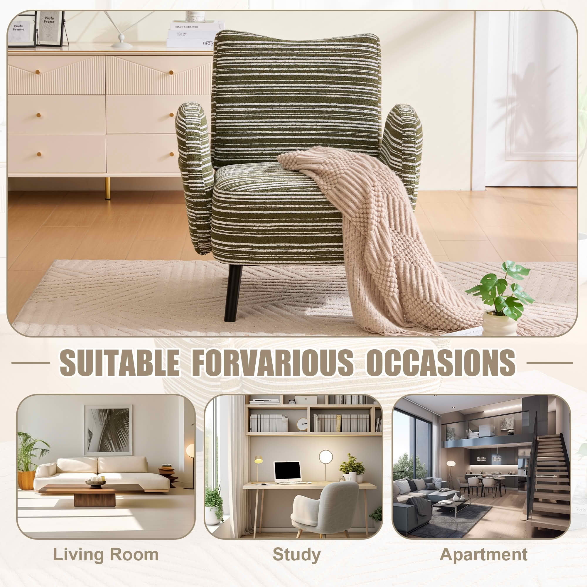 MAYEERTY Modern Boucle Armchair with Side Pocket & Wood Legs, Olive Green, for Living Room Bedroom Office