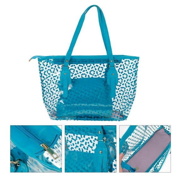GOOHOCHY Blue Transparent Tote Bag with Zipper Lightweight PU Handbag for Travel and Organizing Large Capacity 11.8 x 5.9 x 11.8 Inches