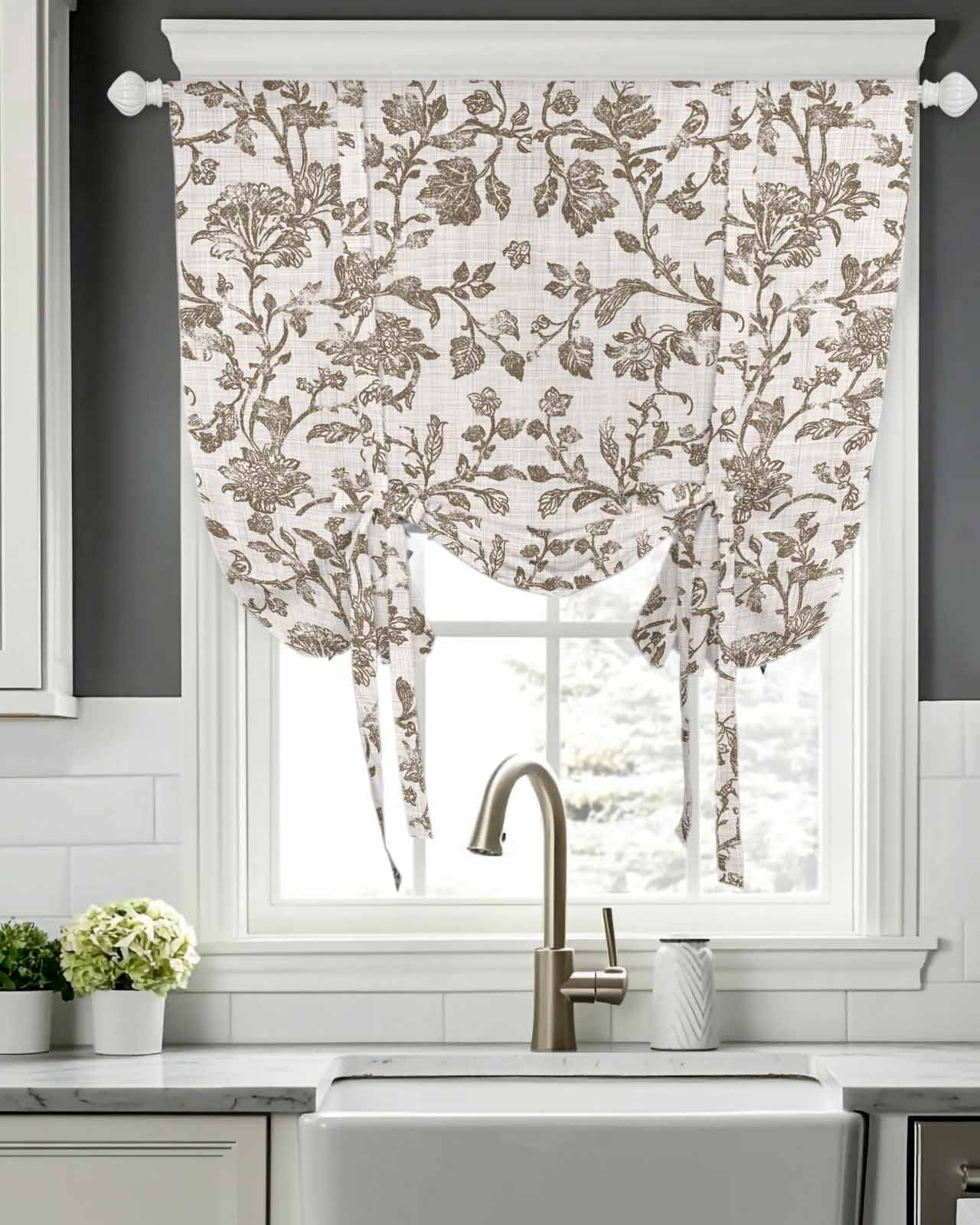 Farmhouse Brown Tie Up Curtains for Window, Thermal Insulted Balloon Shade Adjustable Rod Pocket Curtains Valance Panels for Kitchen Bathroom Cafe 42 x 45 Vintage Flower Leaf Botanical Plant