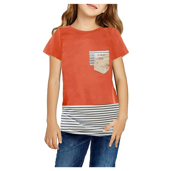 Aayomet Shirts For Girls Tops Kids Girls Short Child Sleeve Printed Paillette T-shirt Striped Girls Tops Girls Long Sleeve Shirts,Orange 12-13 Years