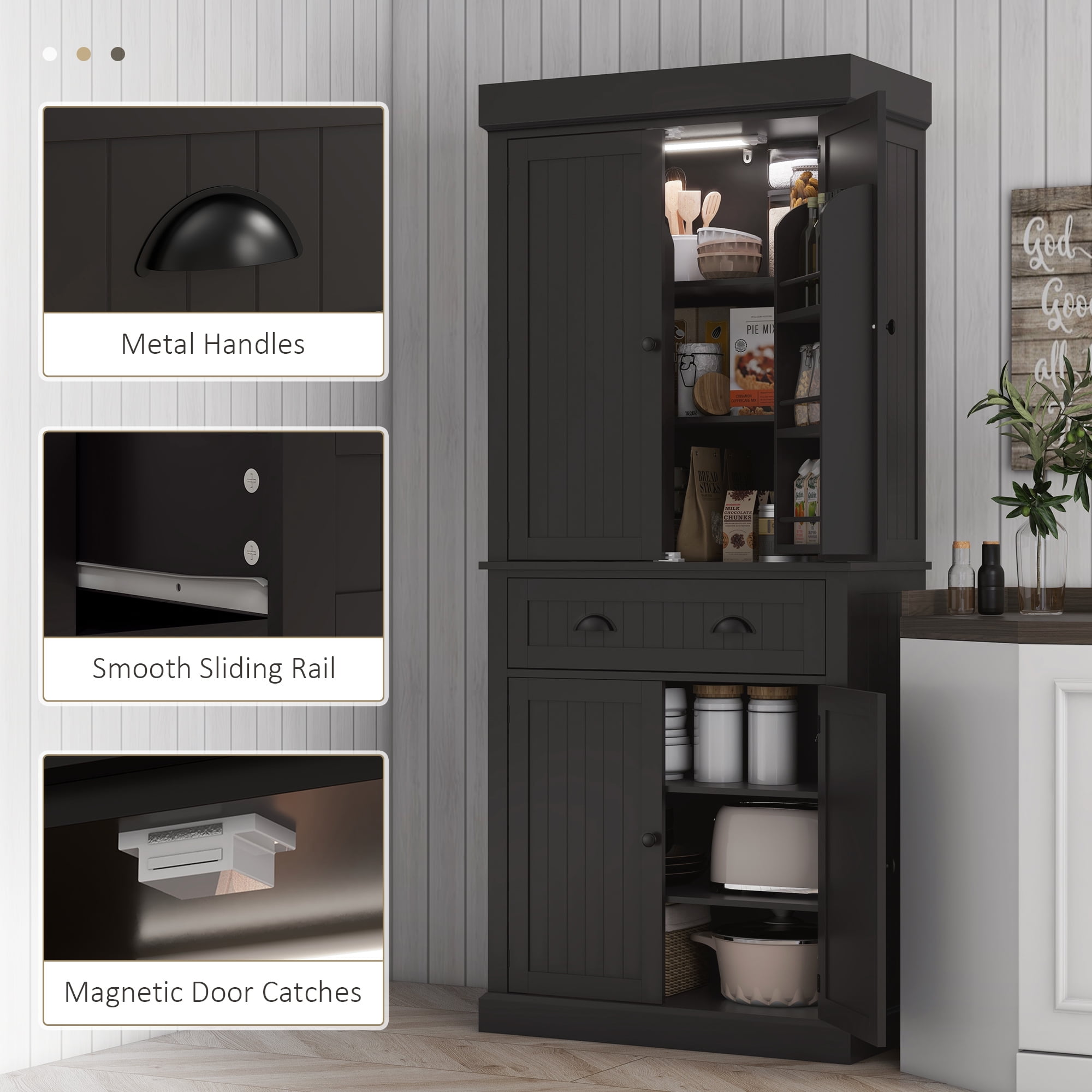 HOMCOM 71" LED Kitchen Pantry Cabinet, Tall Storage Cabinet with 6 Door Shelves, a Drawer and 4 Adjustable Shelves, Black