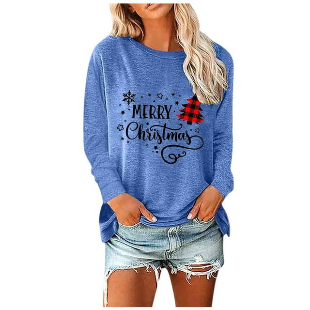 Holiday Time T-Shirts Femmes Drôle Xmas Graphique Col Rond Chandails en Molleton Léger Chandail Tops Tunique Décontractée Manches Longues Blouse 02-Rose TTTG
