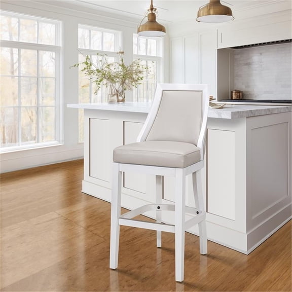 Ellis Swivel 31"H Bar Stool with Tall Back, White with Gray Faux-Leather Seat