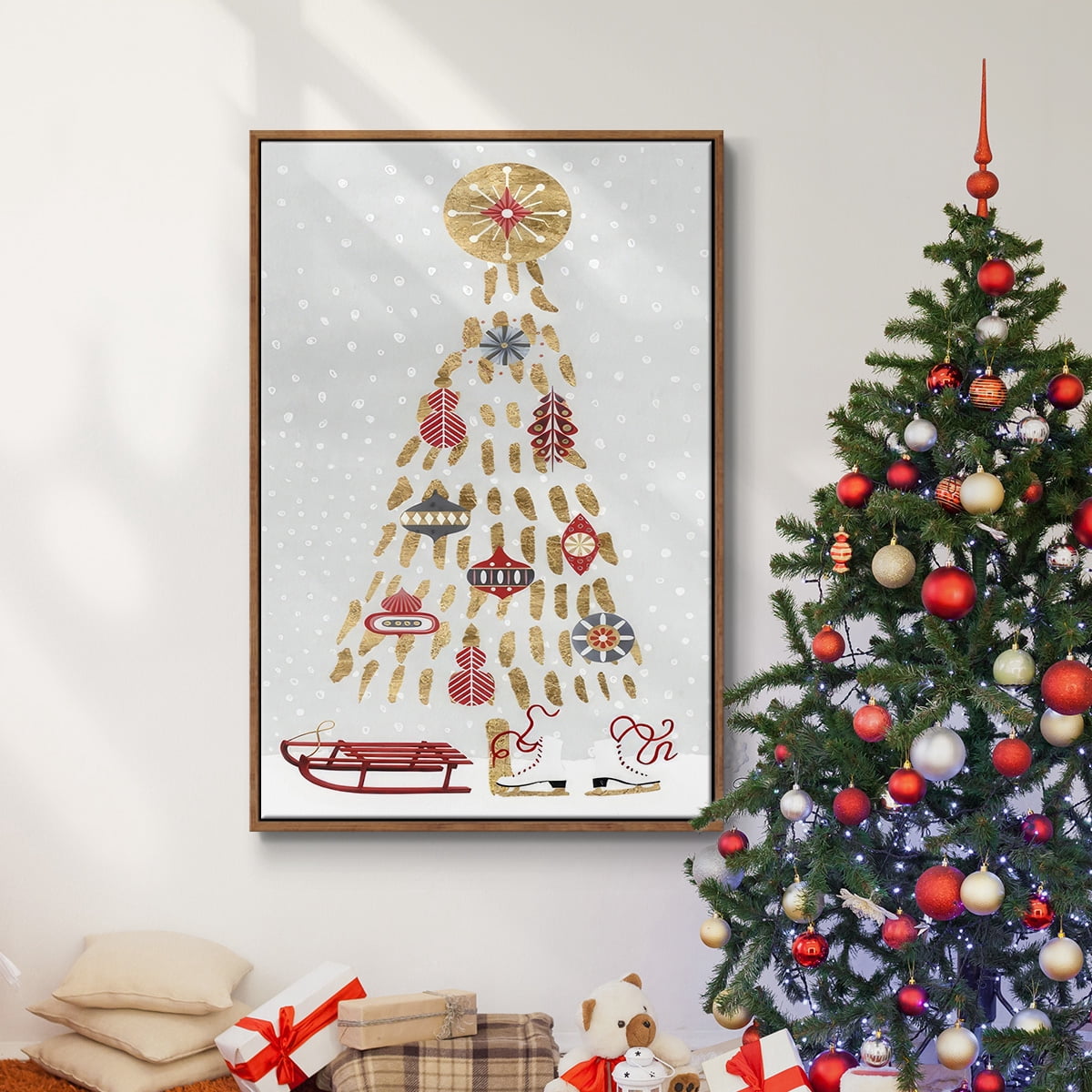 Christmas Chalet Collection B - Framed Gallery Wrapped Holiday Canvas - 25 x 37 - Rosewood Frame