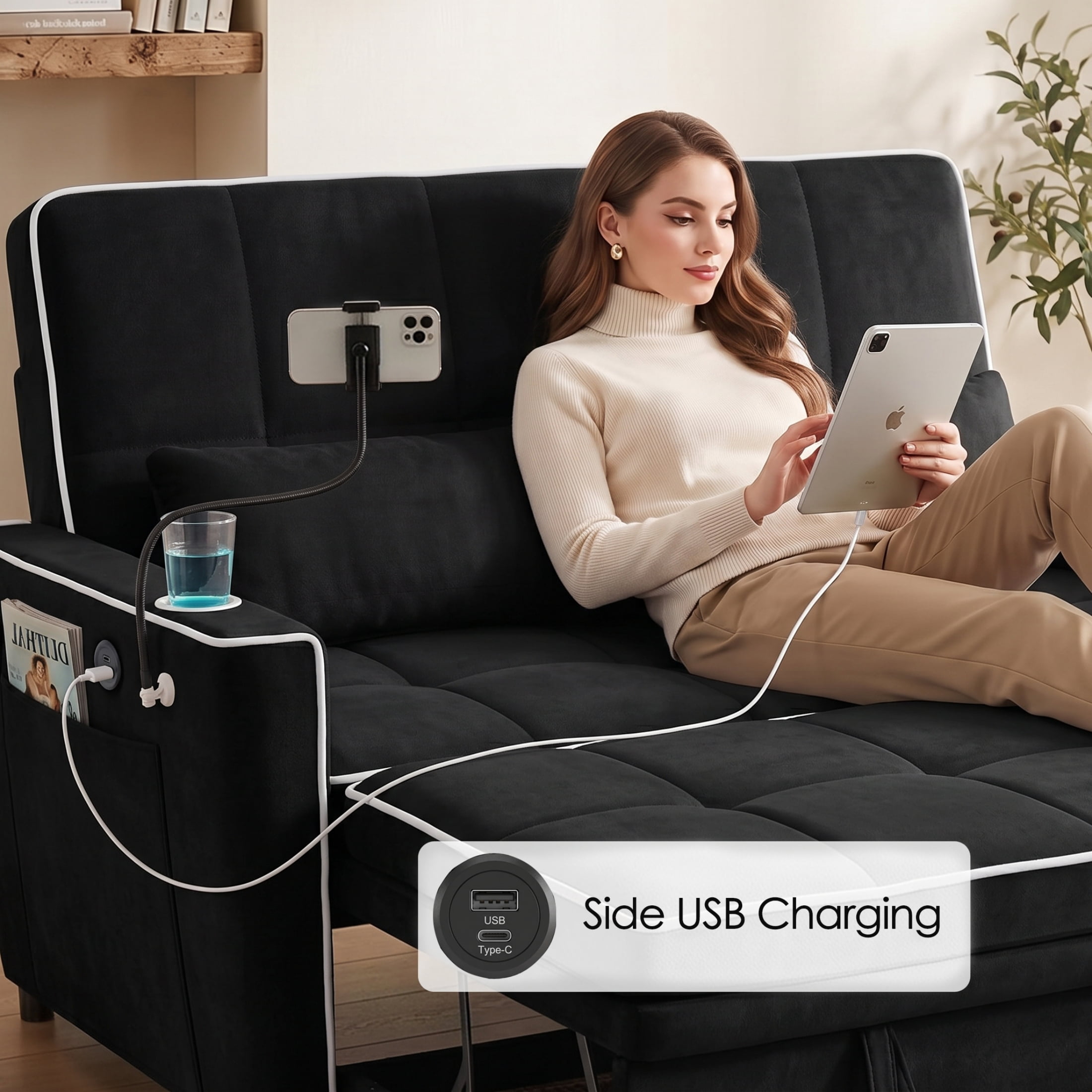 Vinform Sleeper Sofa Bed, 3 in 1 Convertible Loveseat with Phone & Cup Colder for Small Space, Black