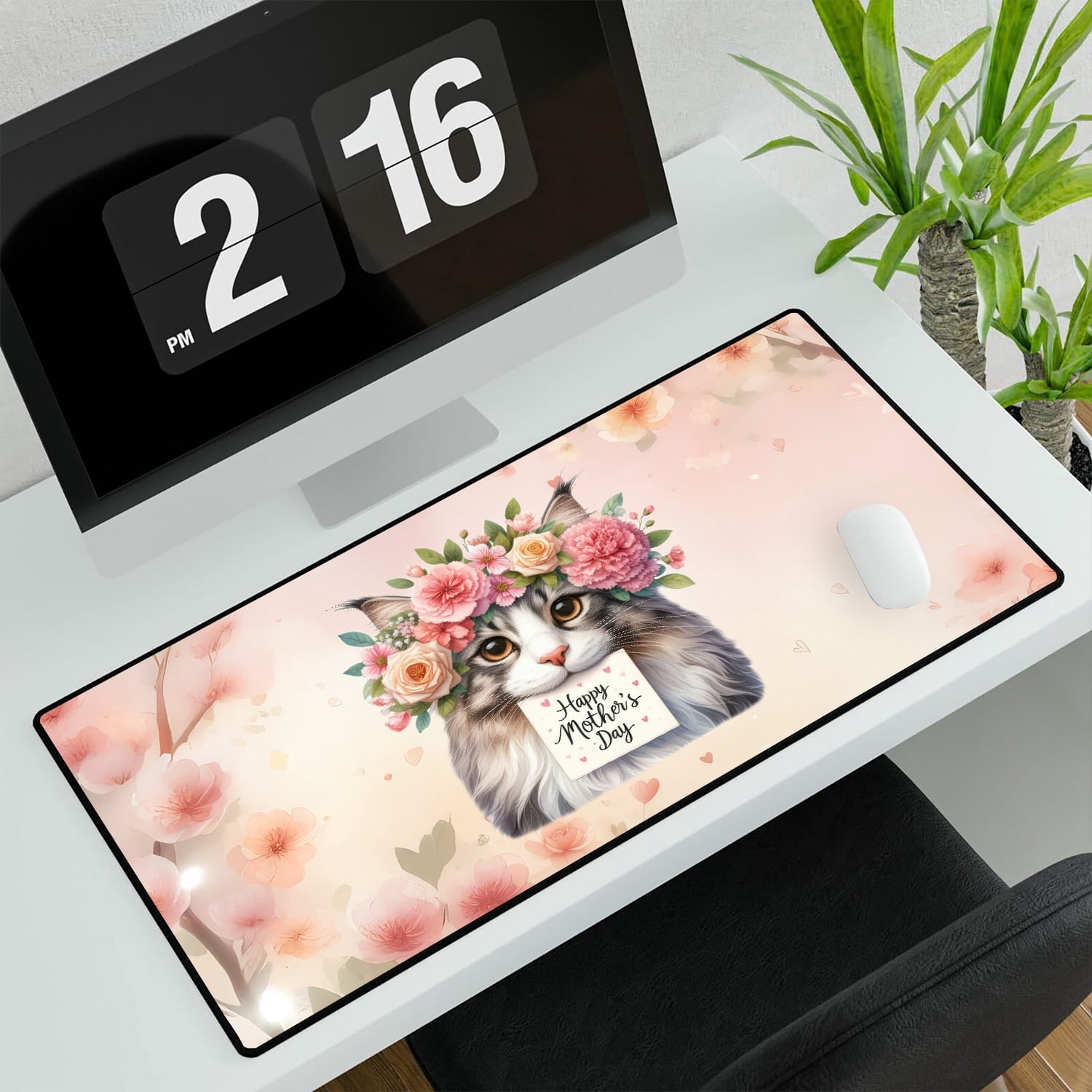Happy Mother's Day Maine Coon with Flower Crown and Greeting Card Desk Mat Full Keyboard Mouse Pad Cat Lover Kitten Owner Gifts Large Mousepad - 13004